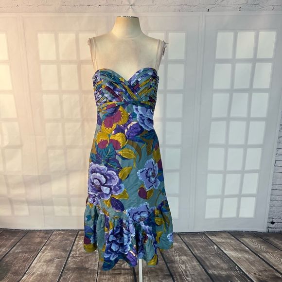 Anthropologie Dresses & Skirts - Deletta Anthropologie blue purple silk floral strapless flounce hem dress size10